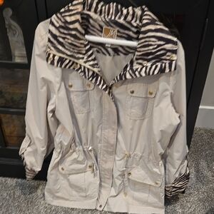 JM Collection Cream and Black Utility Jacket with Zebra Print Collar